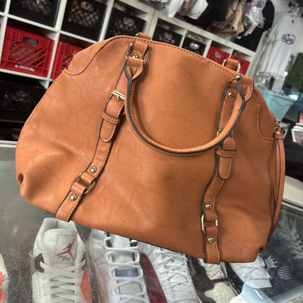 JustFab Tan Faux Leather Satchel Handbag Structured Tote Purse
